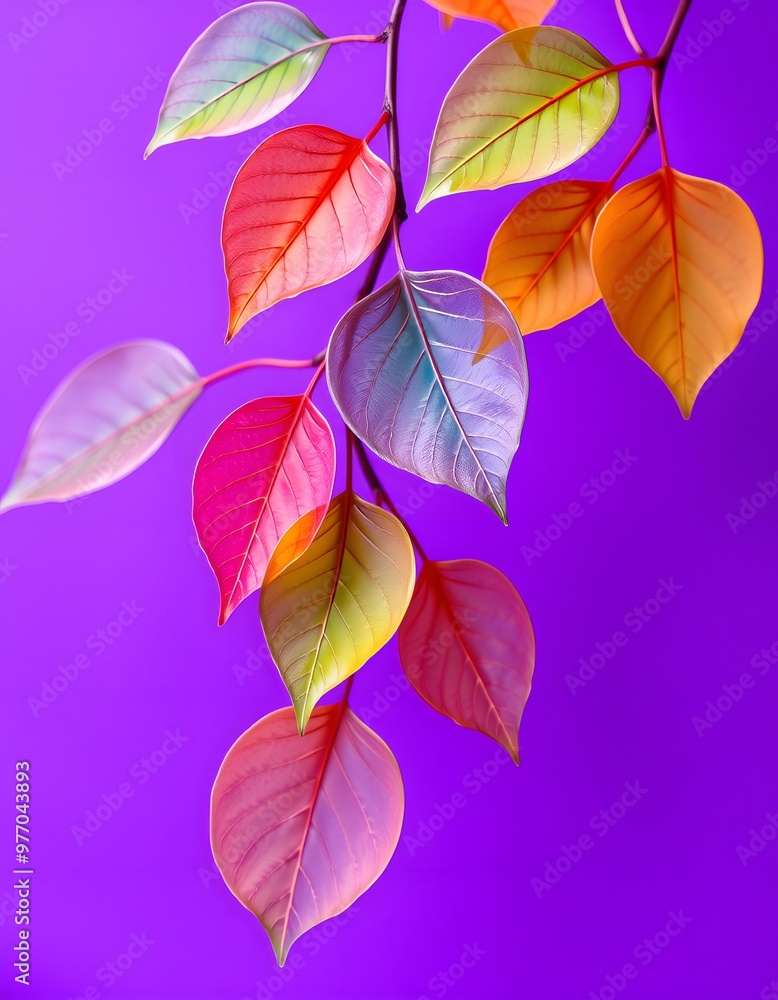 Fototapeta premium purple and yellow leaves Transparent colorful leaves on violet background