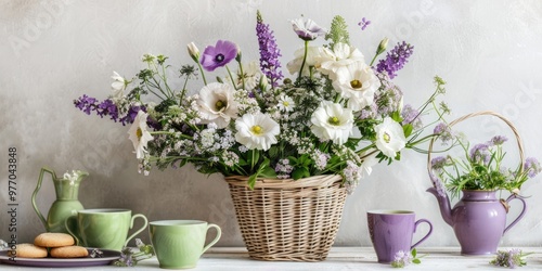 rustic bohemian purple white floral arrangement lavender lilac flowers poppies