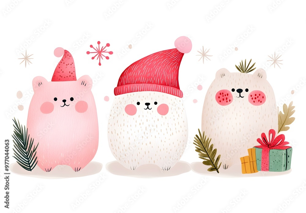 Festive Bear Trio, adorable pink and white bears in colorful hats, surrounded by festive elements, evoking a cheerful holiday spirit with gifts and greenery. Festive Bear Trio, adorable pink and white bears in colorful hats, surrounded by festive elements, evoking a cheerful holiday spirit with gifts and greenery.