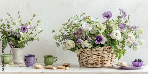 rustic bohemian purple white floral arrangement lavender lilac flowers poppies