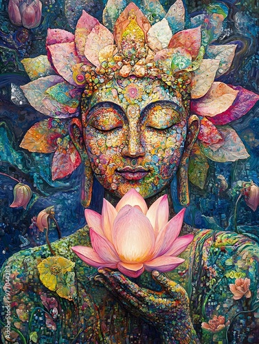 Buddha Holding Psychedelic Lotus with Luminous Reflections and Nature-Inspired Patterns