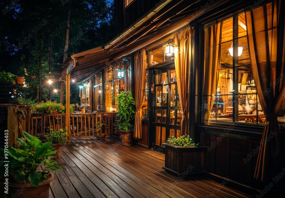 An evening view of a modern cafe with an outdoor terrace An evening view of a modern cafe with an outdoor terrace