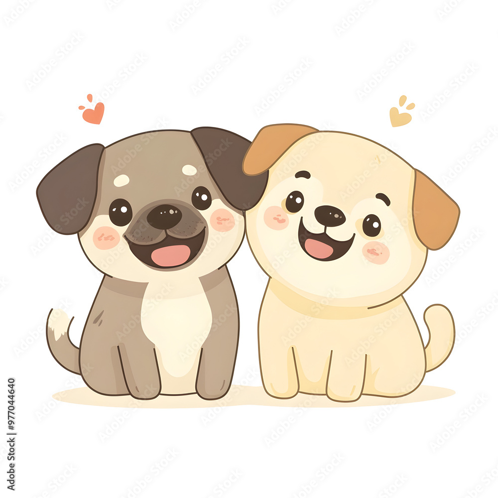 Adorable Cartoon Style Portrait of Two Playful and Happy Pups with Wagging Tails in Pastel Colors on White Background Adorable Cartoon Style Portrait of Two Playful and Happy Pups with Wagging Tails in Pastel Colors on White Background