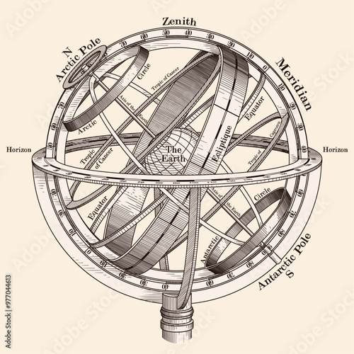 An ancient diagram of the seasons, signs of the zodiac, and celestial bodies of the solar system. Model of the earth in space. Object isolated on white background.
