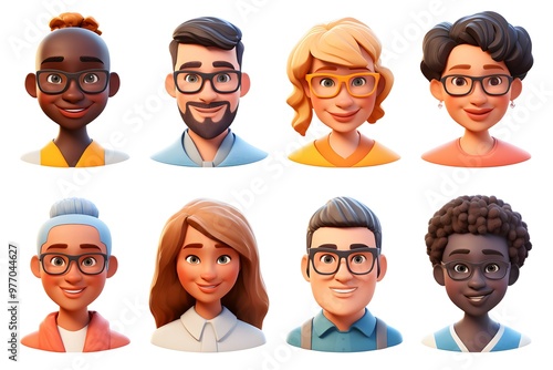 A collection of 3D avatars featuring portraits of young people from various backgrounds on a white background, perfect for character creation in computer games with diverse options.