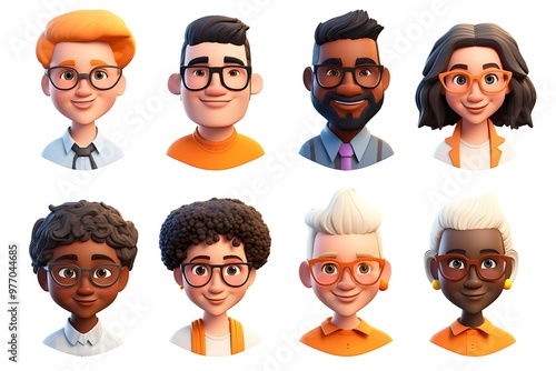 A set of 3D avatars featuring portraits of young people of different sexes on a white background, ideal for creating diverse characters in digital content or computer games.