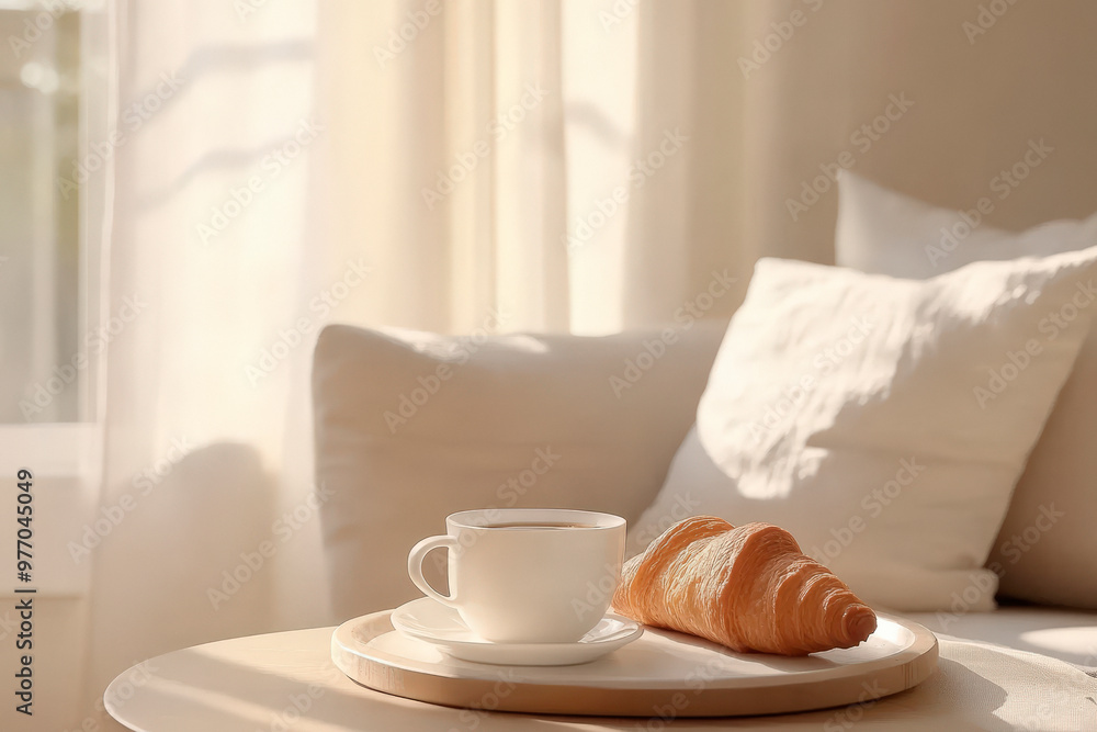 Croissant and a cup of coffee, warm enviornment, in a minimalist style living room Croissant and a cup of coffee, warm enviornment, in a minimalist style living room