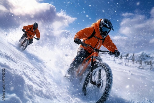 Adventurers riding fat bikes through snowy terrain. Perfect for winter sports and outdoor activities.