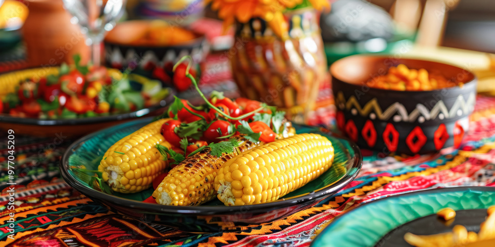 Fototapeta premium Grilled corn on the cob garnished with fresh herbs and tomatoes, served on a colorful plate with vibrant tableware, creating a festive and appetizing presentation