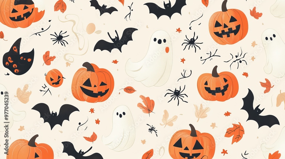 Celebrate Halloween with this adorable hand-drawn pattern featuring pumpkins, ghosts, bats, and spiders. Perfect for fabric, wallpaper, or other festive decorations. Celebrate Halloween with this adorable hand-drawn pattern featuring pumpkins, ghosts, bats, and spiders. Perfect for fabric, wallpaper, or other festive decorations.