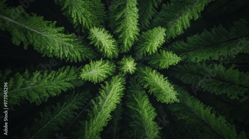 Top-down view of dense, vibrant green fir trees creating a symmetrical pattern, representing nature's beauty and tranquility in a forest environment.