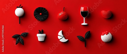 Colorful arrangement of black and white objects on a vibrant red background, featuring fruits, plants, and a wine glass. photo