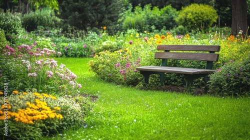 A peaceful garden with blooming flowers and a wooden bench, inviting relaxation and a moment of tranquility in nature.