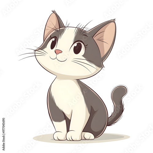 Charming Cartoon Cat with Swishing Tail in Pastel Colors on White Background