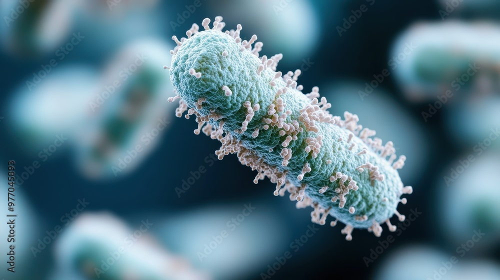 This captivating image depicts green bacteria observed under high magnification within a laboratory setting, emphasizing the complex structures and textures of these microorganisms. This captivating image depicts green bacteria observed under high magnification within a laboratory setting, emphasizing the complex structures and textures of these microorganisms.