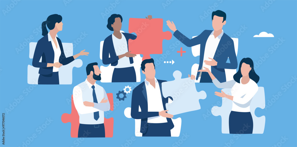 Searching for a solution. Solving the problem. People give each other puzzle pieces. The concept of teamwork. Vector illustration.
Searching for a solution. Solving the problem. People give each other puzzle pieces. The concept of teamwork. Vector illustration.