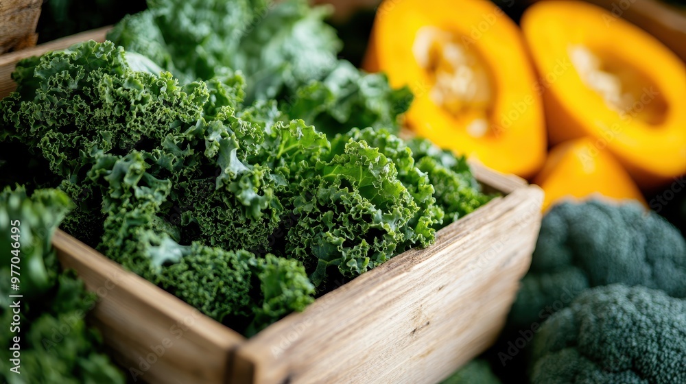 An image showing fresh green kale in a wooden box alongside vibrant orange vegetables, emphasizing the healthiness and freshness of organic produce. An image showing fresh green kale in a wooden box alongside vibrant orange vegetables, emphasizing the healthiness and freshness of organic produce.