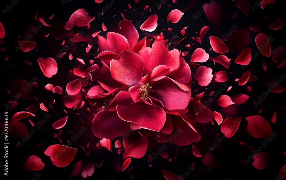 Vibrant red flower surrounded by scattered petals, creating a stunning visual effect against a dark background. Vibrant red flower surrounded by scattered petals, creating a stunning visual effect against a dark background.