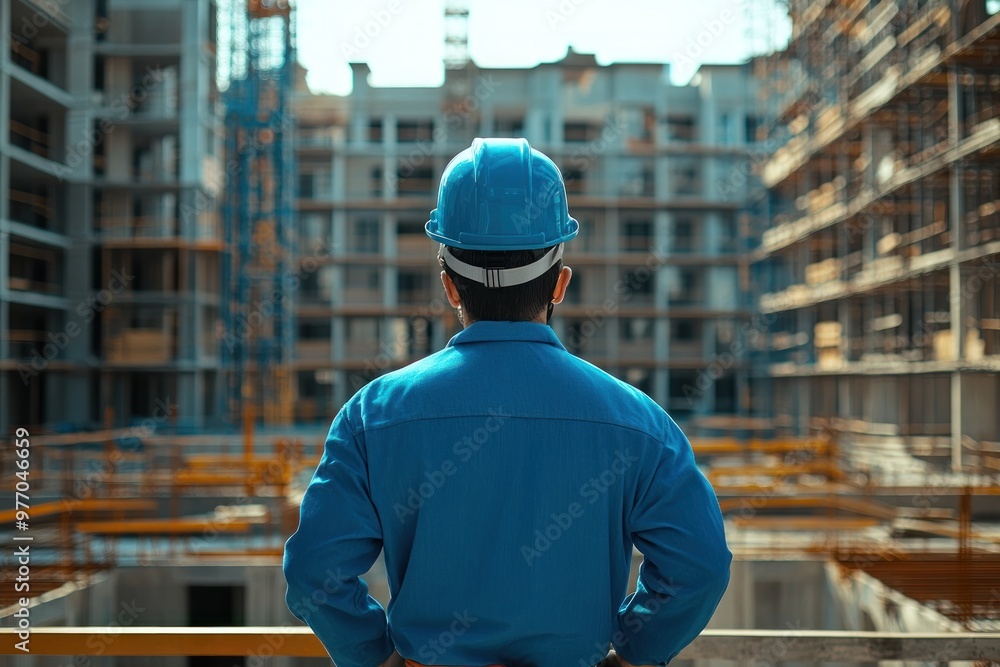 Construction Worker Looking at Building Project Construction Worker Looking at Building Project