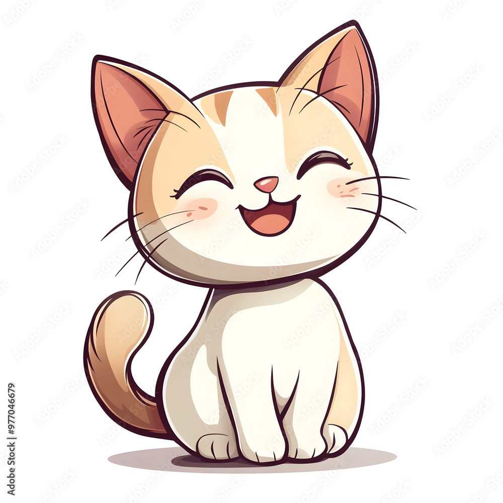 Obraz premium Cheerful Feline Portrait in Cute Chibi Style on Minimalist Background