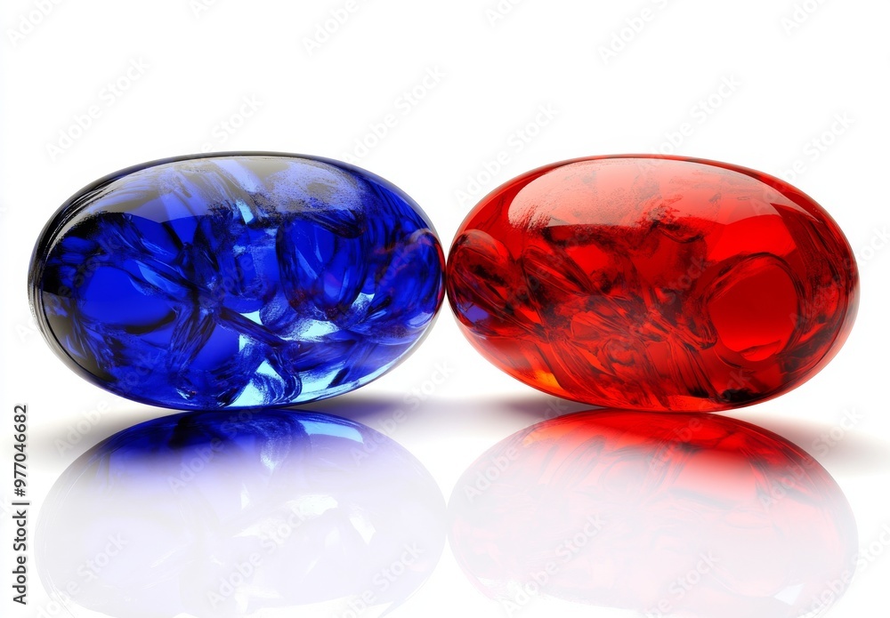 There are two medical pills from the matrix on this 3D illustration: a red and blue drug gel capsule. The right choice metaphor, a symbol of an important choice, three dimensional illustration of red There are two medical pills from the matrix on this 3D illustration: a red and blue drug gel capsule. The right choice metaphor, a symbol of an important choice, three dimensional illustration of red