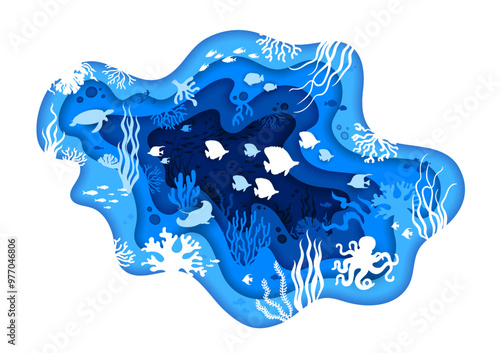 Paper cut underwater landscape with fish shoals and corals, vector undersea background. Sea or ocean underwater paper cut landscape with tropical fishes, coral reef octopus and stingray with turtle
