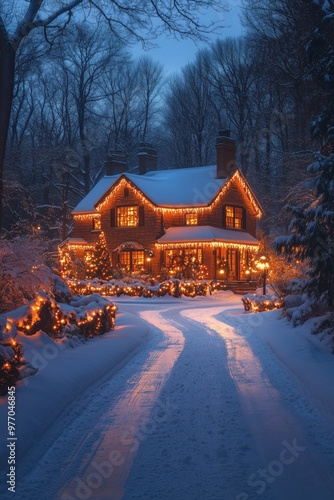 Christmas fairy tale house in the snow with warm glow windows at nighttime city street, symbolizes spirit of winter season emanating warmth and joy on New Year eve, photo