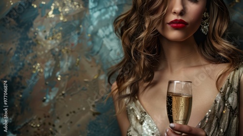 	
A woman with a glass of champagne in her hand in an elegant dress	
