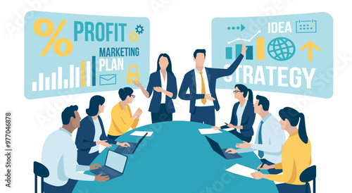 Business strategy. Presentation. Planning. Business illustration. The business team listens to the male and female leader.