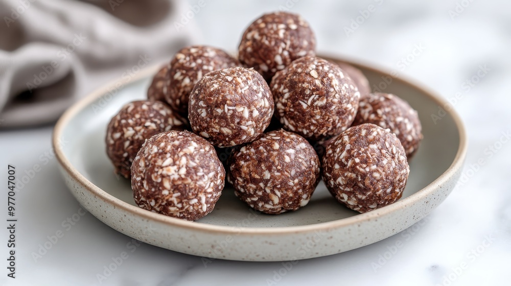 A plate full of chocolate coconut energy balls perfectly arranged on a neutral-colored table, showcasing the texture and ingredients of the delicious snack. A plate full of chocolate coconut energy balls perfectly arranged on a neutral-colored table, showcasing the texture and ingredients of the delicious snack.