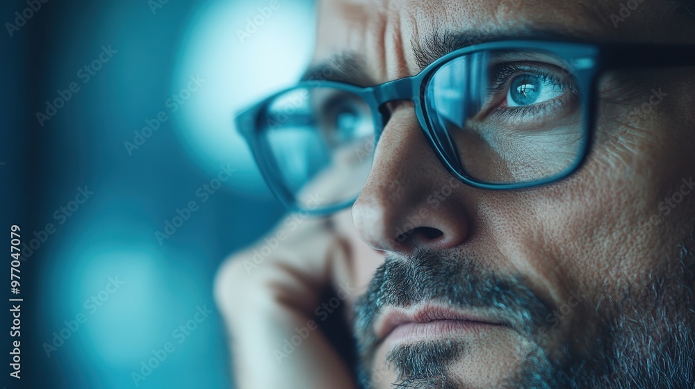 Close-up image of a person wearing glasses, focusing on the frame, with a diffused blue bokeh background, representing clarity of vision and concentration. Close-up image of a person wearing glasses, focusing on the frame, with a diffused blue bokeh background, representing clarity of vision and concentration.