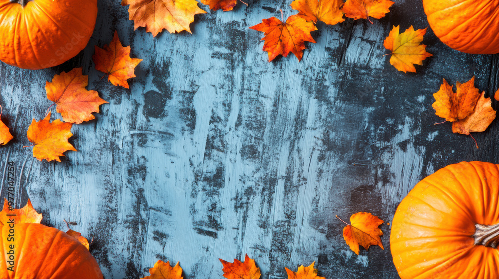 A table with pumpkins and leaves on it, a few of them are orange, AI A table with pumpkins and leaves on it, a few of them are orange, AI