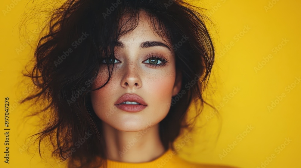 A captivating portrait of a woman with tousled dark hair, wearing a yellow top and displaying an intense expression, set against a vivid yellow background. A captivating portrait of a woman with tousled dark hair, wearing a yellow top and displaying an intense expression, set against a vivid yellow background.
