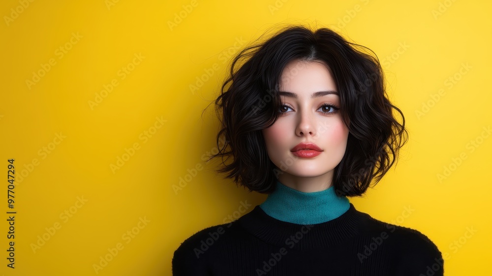 An impactful portrait of a woman with textured dark hair in a black top contrasting against a yellow background, emphasizing strong features and presence. An impactful portrait of a woman with textured dark hair in a black top contrasting against a yellow background, emphasizing strong features and presence.