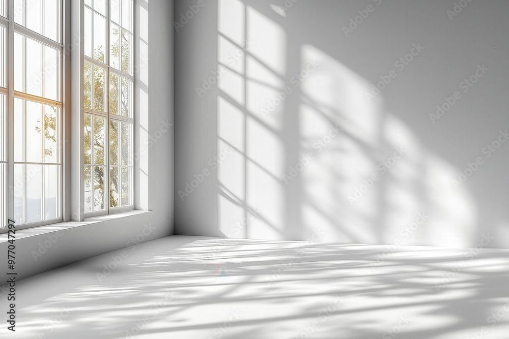 Wall interior background, studio and backdrops show products.with shadow from window color white and grey. background for text insertion and presentation product Wall interior background, studio and backdrops show products.with shadow from window color white and grey. background for text insertion and presentation product