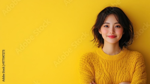 A cheerful portrait of a woman wearing a vibrant yellow sweater standing confidently against a bright yellow background, radiating positivity and warmth. photo