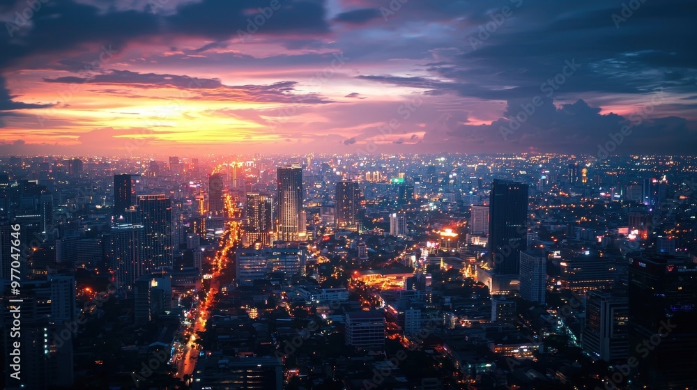 Captivating Aerial Panorama of a Vibrant Metropolis at Sunset Captivating Aerial Panorama of a Vibrant Metropolis at Sunset
