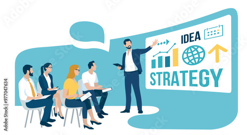 Education, learning. Strategy, profit, business illustration. The business team listens to the male teacher, leader. 