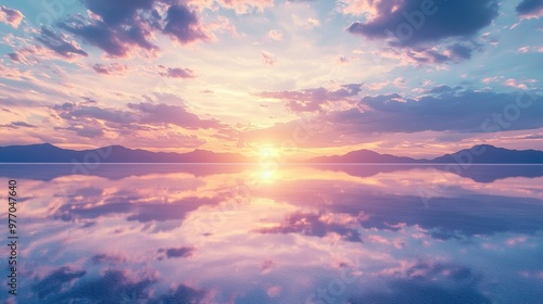 Breathtaking Sunset Reflection on a Serene Salt Flat Landscape