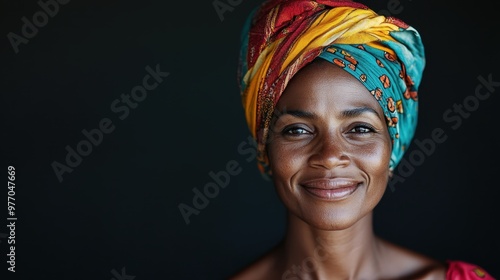 An elderly woman adorned with a colorful headwrap shares a serene and wise expression against a muted background, highlighting grace and heritage in this portrait.