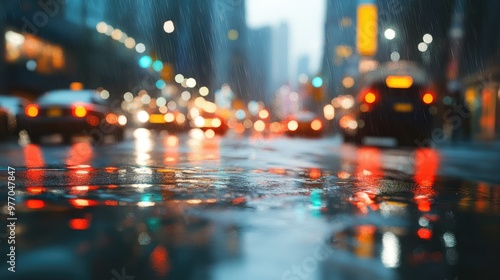 A rainy evening on a bustling city street, with reflections of blurry car lights on the wet pavement and the glow of traffic signals.