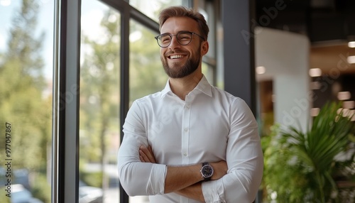 Portrait of a Successful Businessman with Arms Crossed, Smiling Confidently in a Modern Office