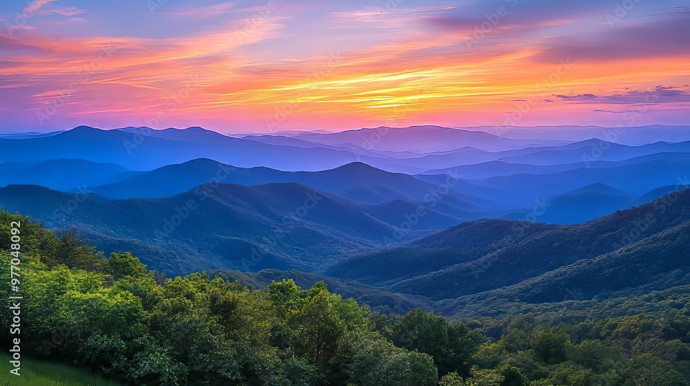Blue Ridge Mountains at Sunset with Hazy Sky Blue Ridge Mountains at Sunset with Hazy Sky