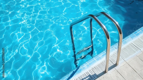 A serene swimming pool with calm blue water, featuring simple metal stairs leading into the deep end of the pool.
