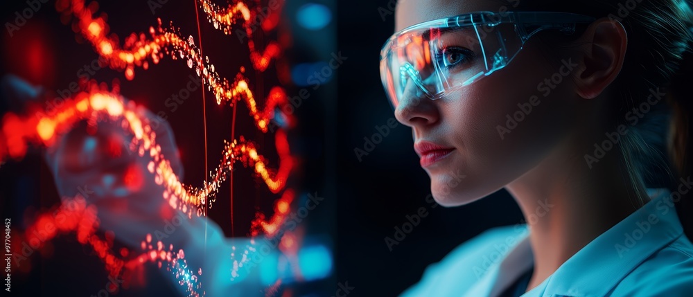 A scientist in a high-tech lab, using a holographic interface to manipulate genetic sequences, representing advancements in gene editing technology like CRISPR A scientist in a high-tech lab, using a holographic interface to manipulate genetic sequences, representing advancements in gene editing technology like CRISPR