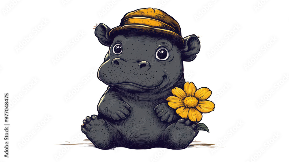 Naklejka premium Sweet Pygmy Hippo with Big Bright Eyes Wearing a Tiny Hat Beside Delicate Flower - Joyful Mood Soft Sticker Illustration