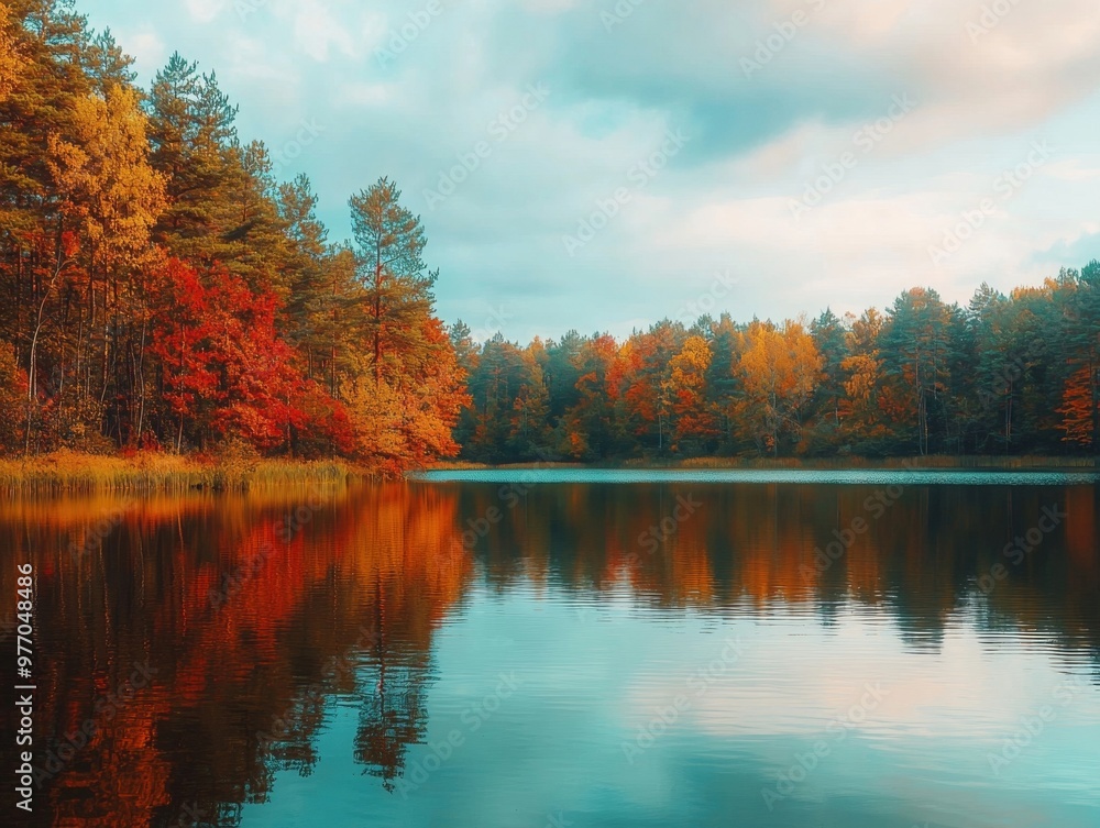 Serene Autumn Lake Surrounded by Vibrant Foliage in Idyllic Forest Landscape Serene Autumn Lake Surrounded by Vibrant Foliage in Idyllic Forest Landscape