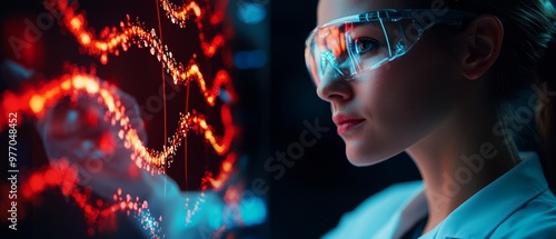 A scientist in a high-tech lab, using a holographic interface to manipulate genetic sequences, representing advancements in gene editing technology like CRISPR