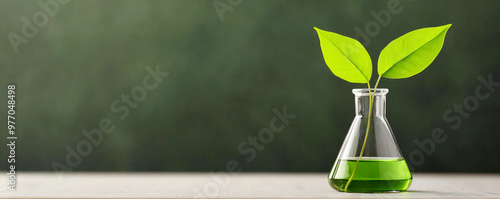 Lab experiment symbolizing green chemistry in pharmaceuticals, with a plant in a flask, Eco-conscious drug development, Sustainable research