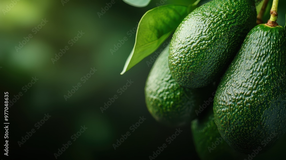 Fresh, ripe avocados still hanging from their tree branch, showcasing their rough textured green skin and vibrant leaves in a beautiful natural setting. Fresh, ripe avocados still hanging from their tree branch, showcasing their rough textured green skin and vibrant leaves in a beautiful natural setting.